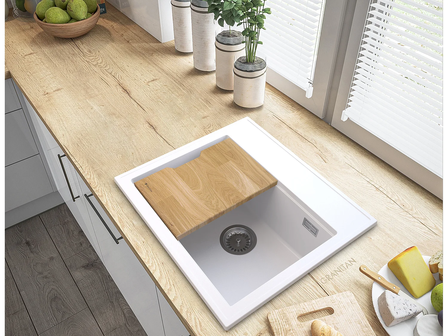 FOXAL ÉVIER EN GRANIT BLANC SIPHON CHROMÉ