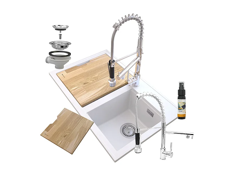 ÉVIER EN GRANIT BLANC HECTOR SIPHON BAT SPIRAL CHROME