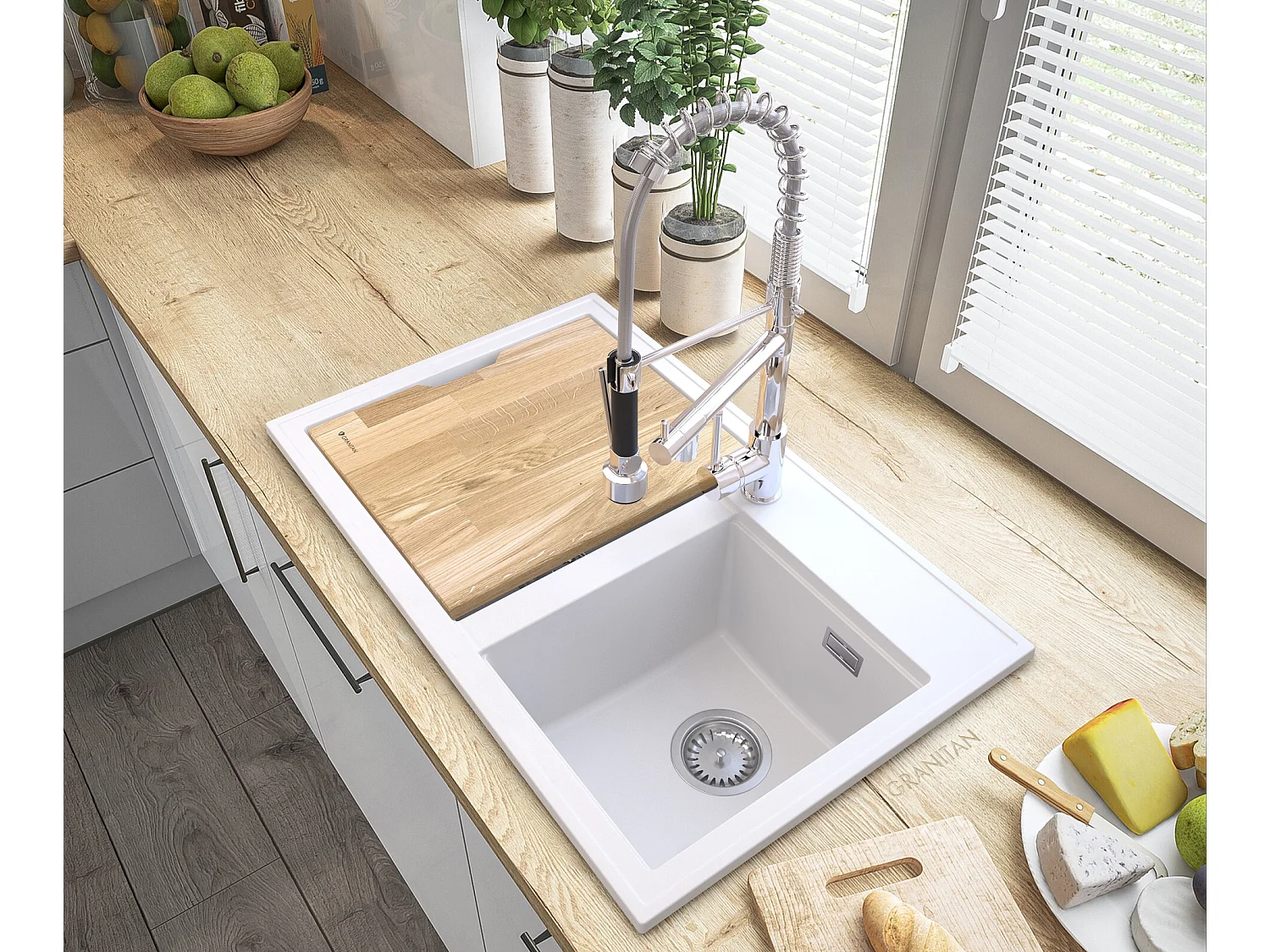 ÉVIER EN GRANIT BLANC HECTOR SIPHON BAT SPIRAL CHROME