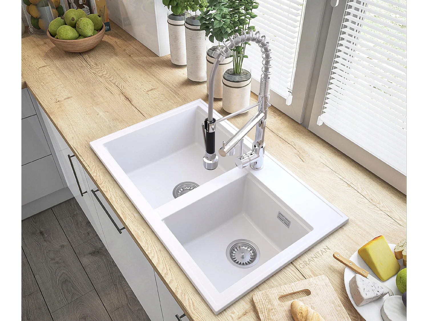 ÉVIER EN GRANIT BLANC HECTOR SIPHON BAT SPIRAL CHROME