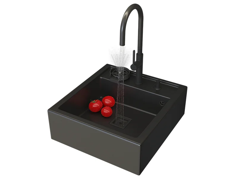 ÉVIER EN GRANIT SCANDINAVE FARMHOUSE NOIR ROBINET DISTRIBUTEUR LAVE-GLACE