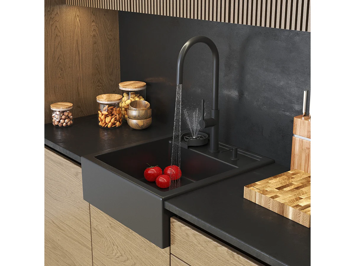 ÉVIER EN GRANIT SCANDINAVE FARMHOUSE NOIR ROBINET DISTRIBUTEUR LAVE-GLACE
