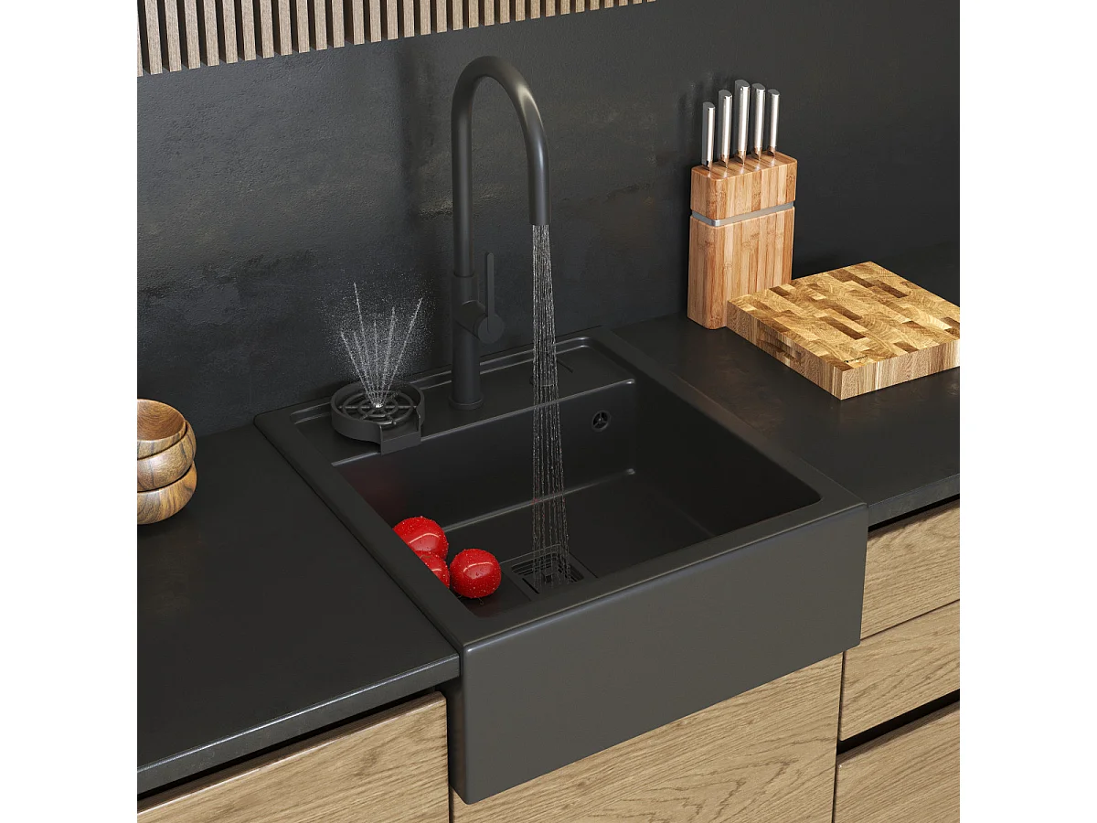 ÉVIER EN GRANIT SCANDINAVE FARMHOUSE NOIR ROBINET DISTRIBUTEUR LAVE-GLACE