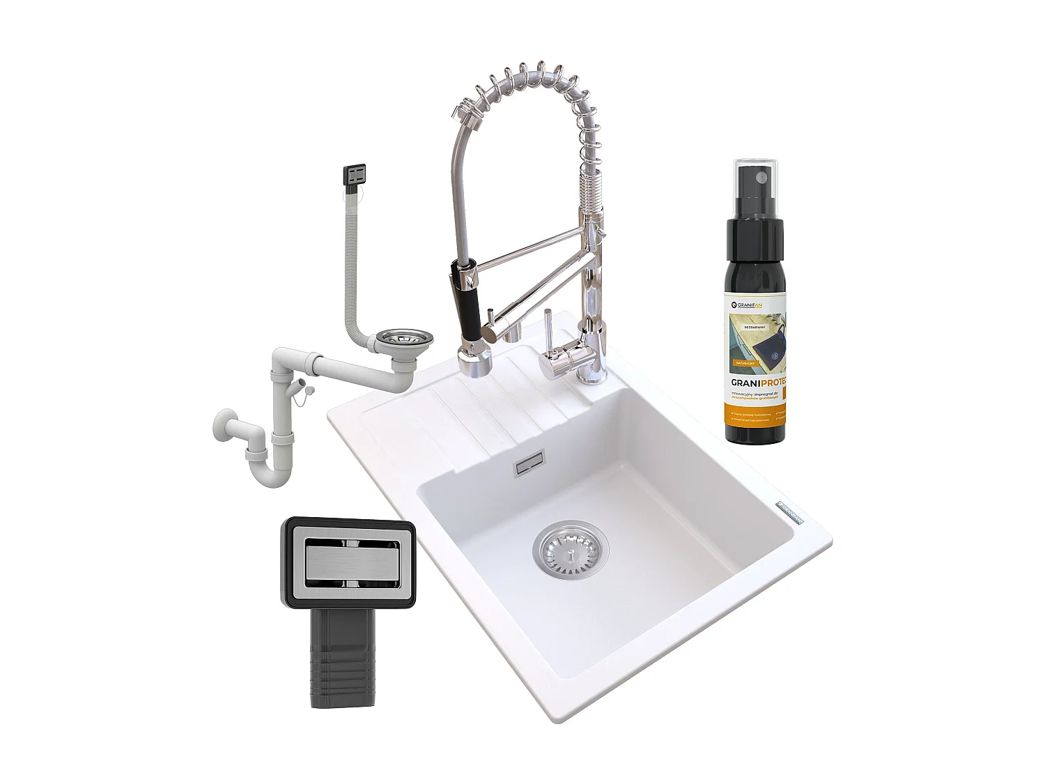 ÉVIER EN GRANIT BLANC ARGOS + MITIGEUR SPIRALE + SIPHON