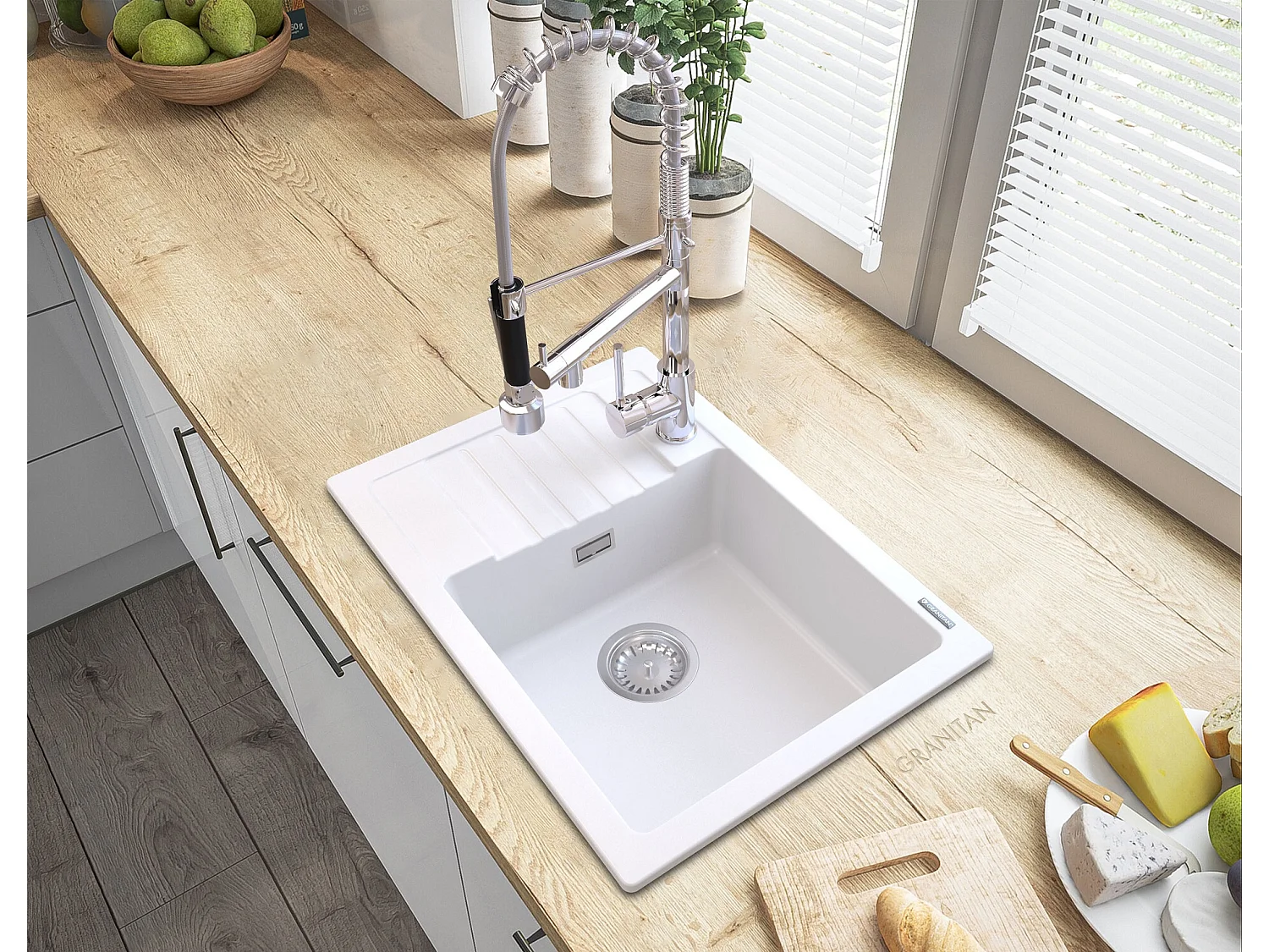 ÉVIER EN GRANIT BLANC ARGOS + MITIGEUR SPIRALE + SIPHON