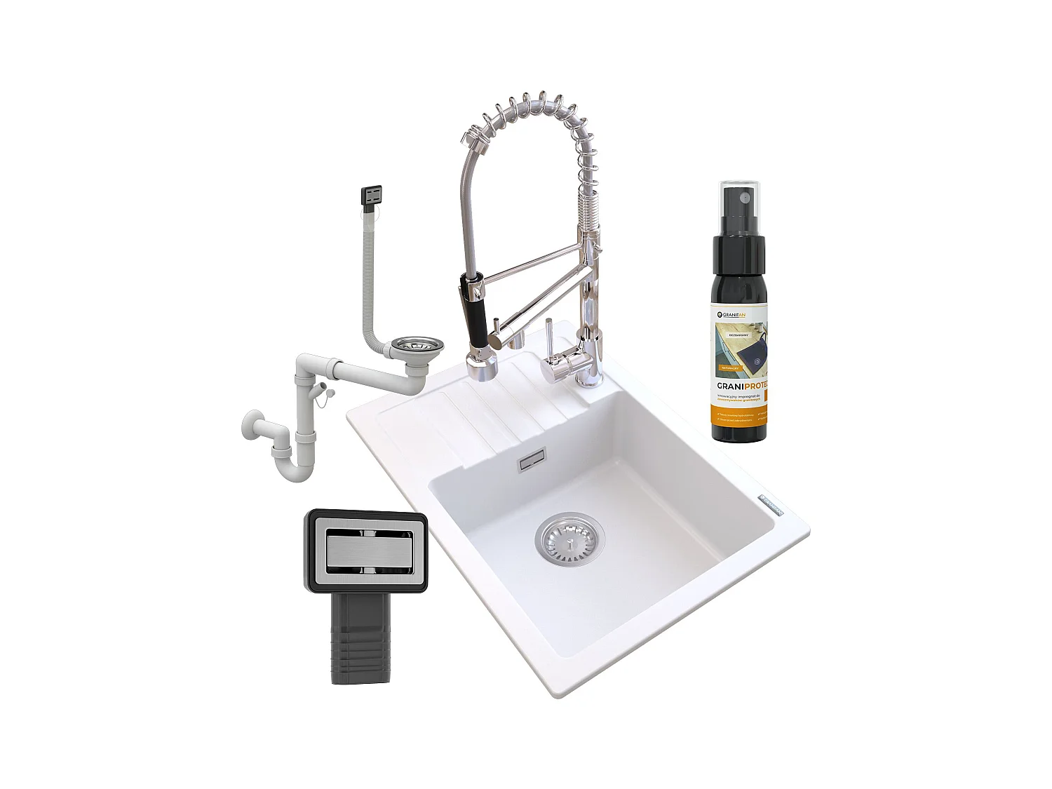 ÉVIER EN GRANIT BLANC ARGOS + MITIGEUR SPIRALE + SIPHON