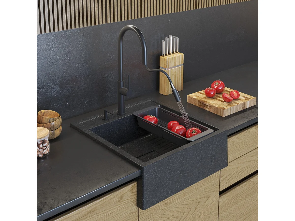 ÉVIER EN GRANIT SCANDINAVE FERMIER NOIR TACHETÉ SIPHON TAVO