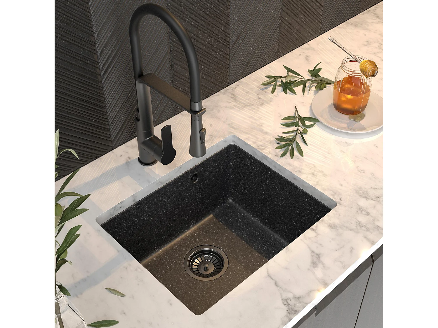 MANADO GRANITE ÉVIER SOUS PLAN NOIR+MÉLANGEUR GAZ