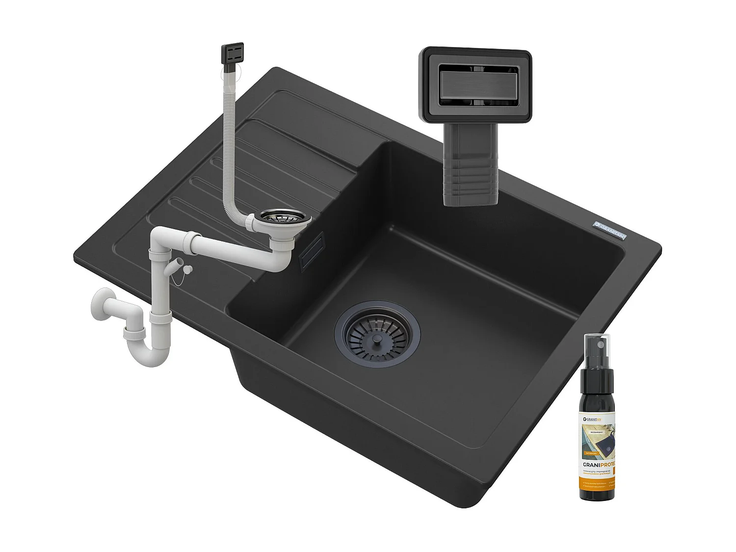 ÉVIER EN GRANIT NOIR ARGOS + SIPHON CARRÉ NOIR