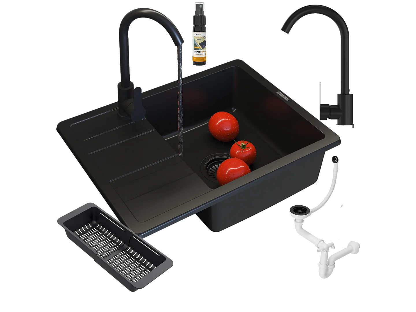ÉVIER MONOCUVE EN GRANIT ROBINET SIPHON NOIR PANIER PAROS