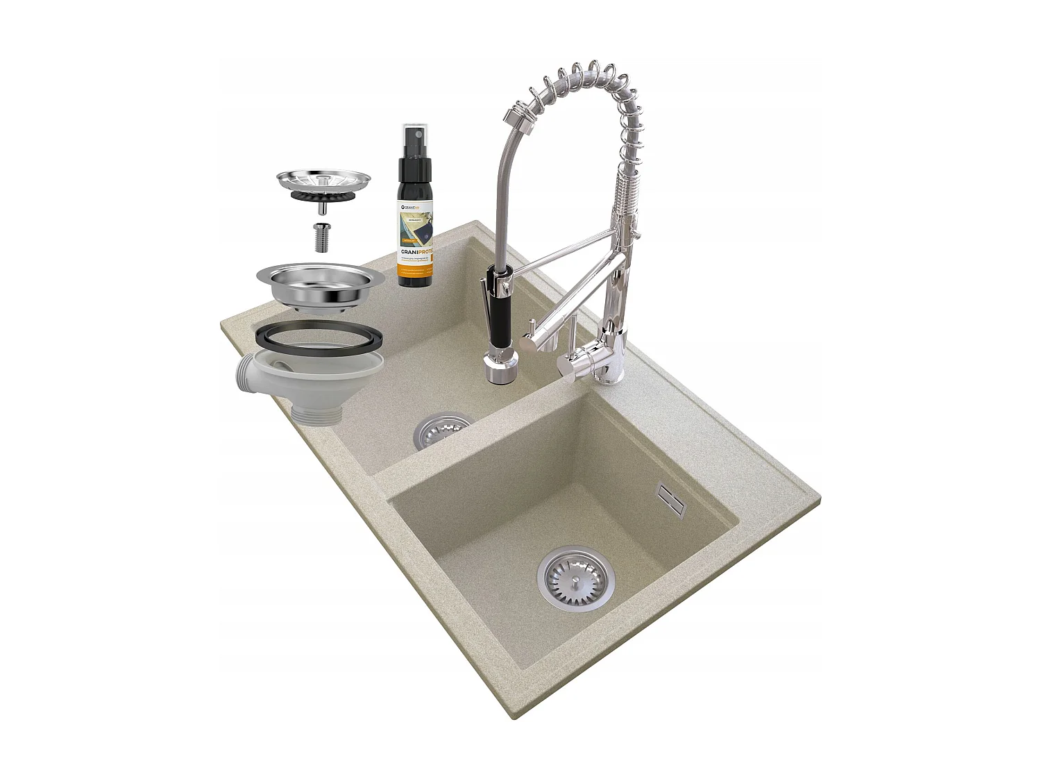 ÉVIER EN GRANIT BEIGE HECTOR SIPHON BAT SPIRAL CHROME