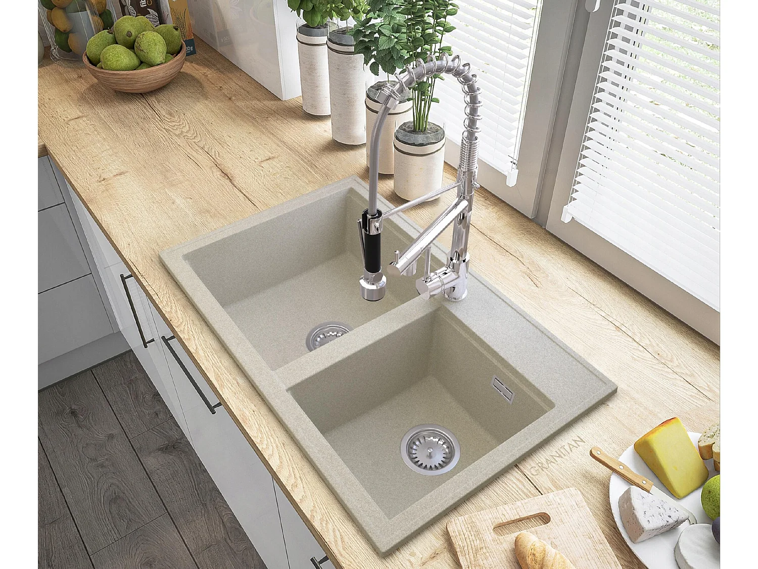 ÉVIER EN GRANIT BEIGE HECTOR SIPHON BAT SPIRAL CHROME