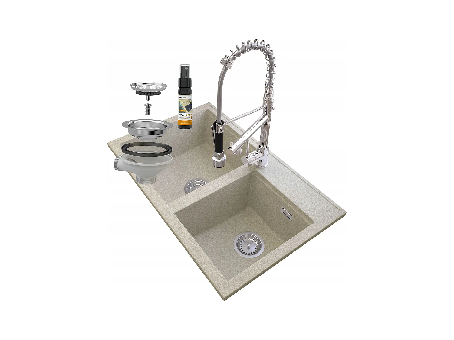 ÉVIER EN GRANIT BEIGE HECTOR SIPHON BAT SPIRAL CHROME