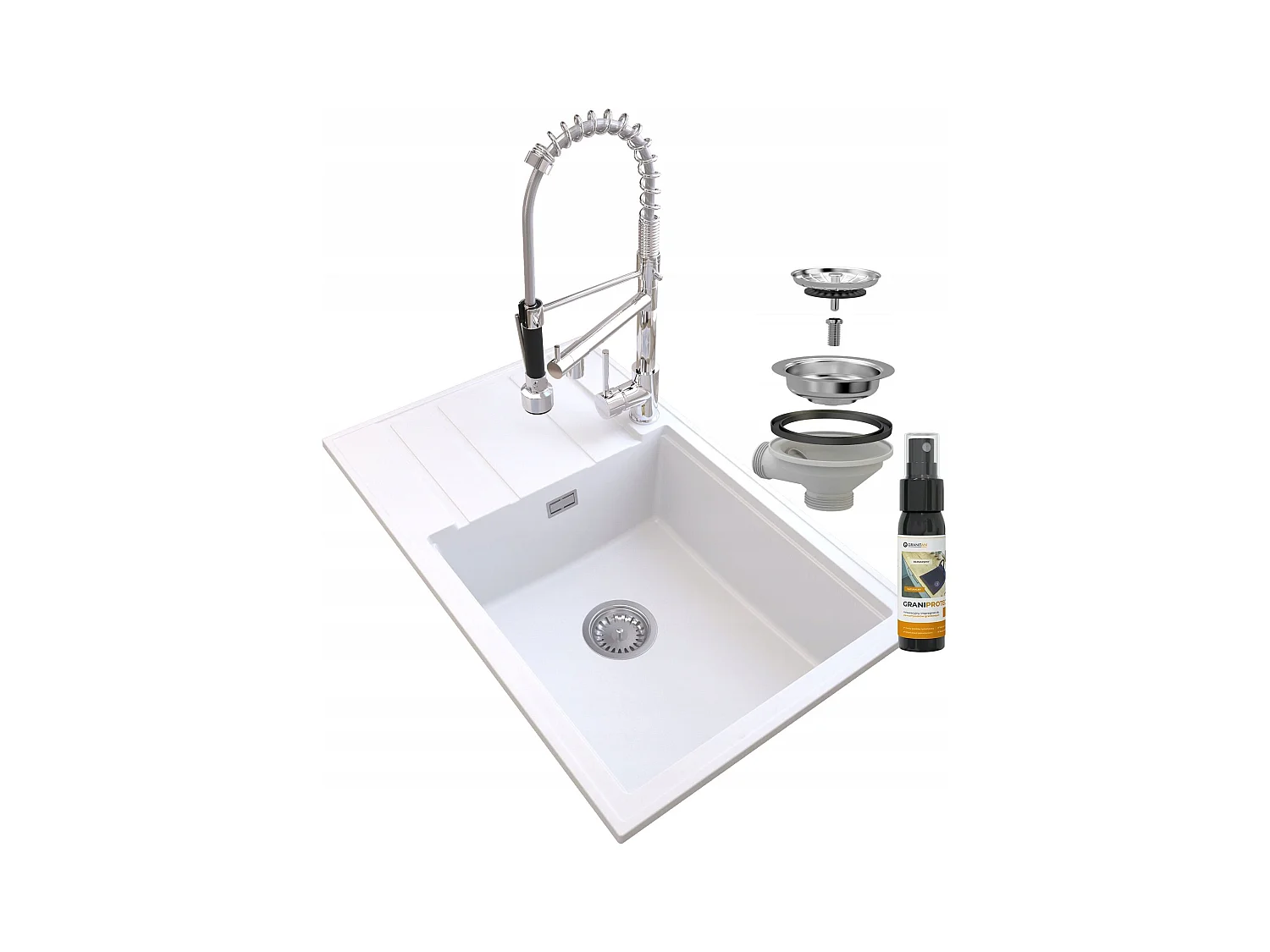 ÉVIER EN GRANIT BLANC LOUIS SIPHON BAT SPIRAL CHROME