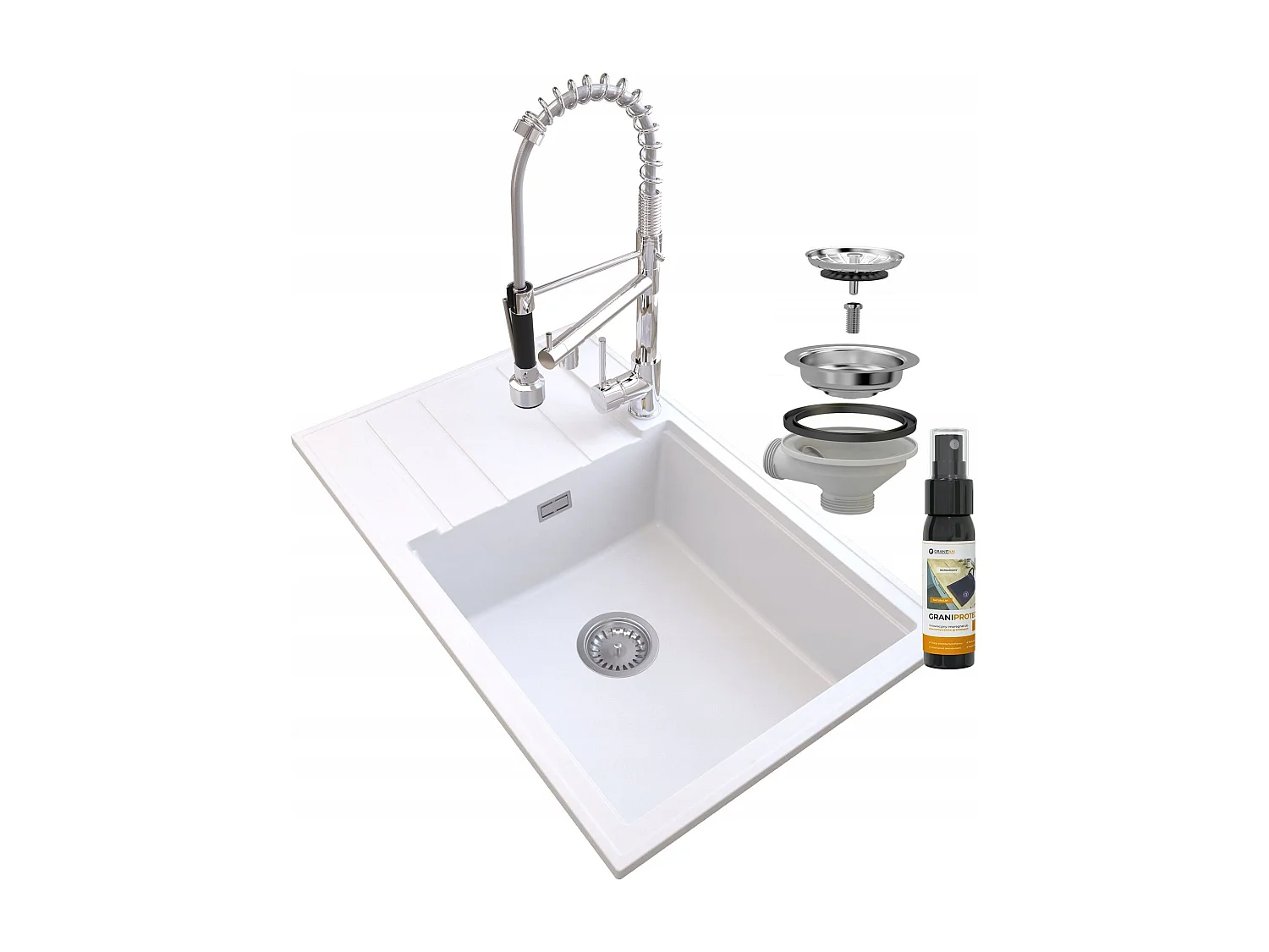 ÉVIER EN GRANIT BLANC LOUIS SIPHON BAT SPIRAL CHROME