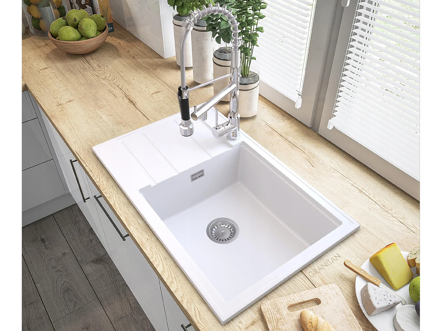 ÉVIER EN GRANIT BLANC LOUIS SIPHON BAT SPIRAL CHROME