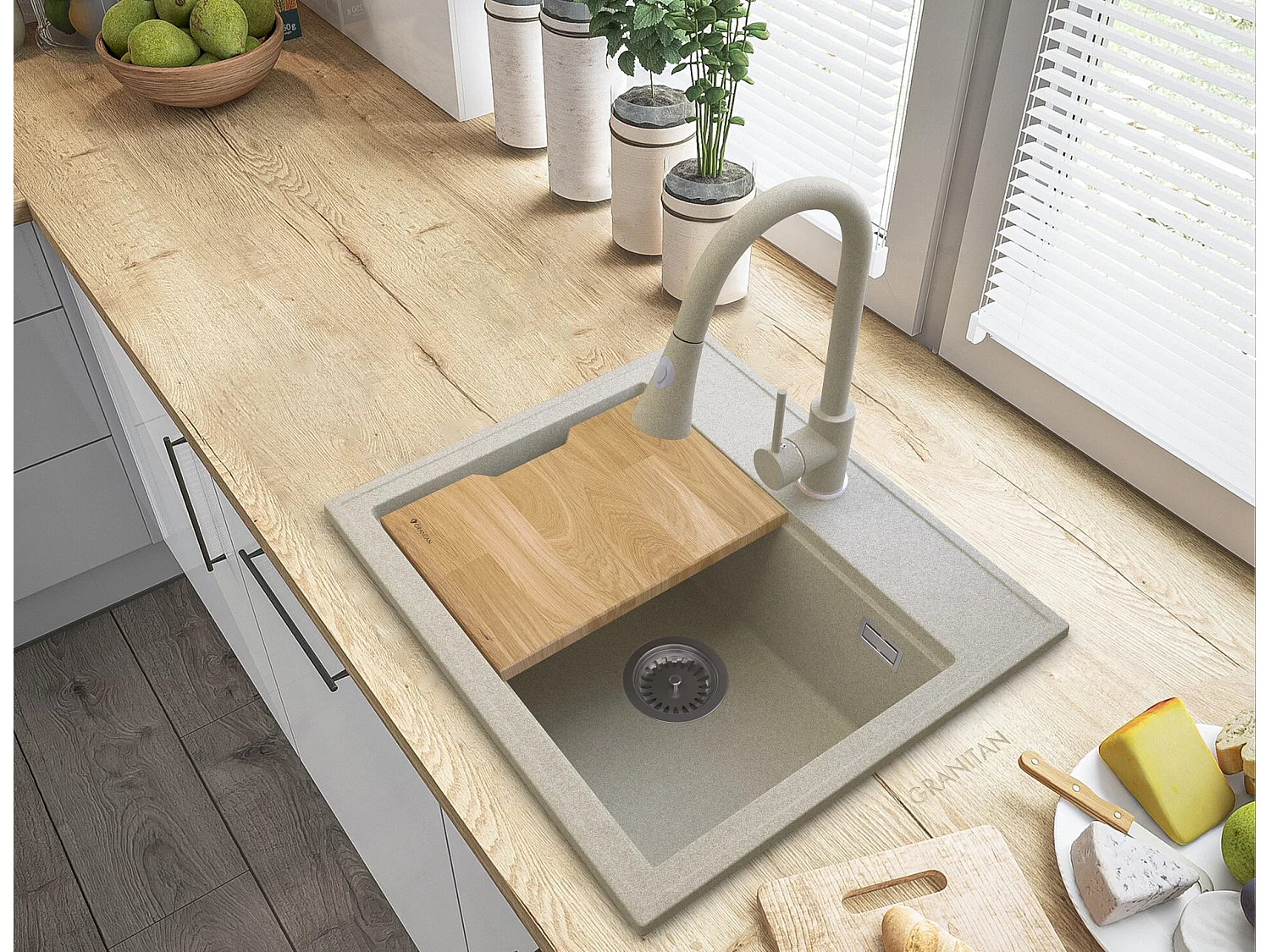 FOXAL ÉVIER GRANIT BEIGE + ROBINET SERPENT BEIGE