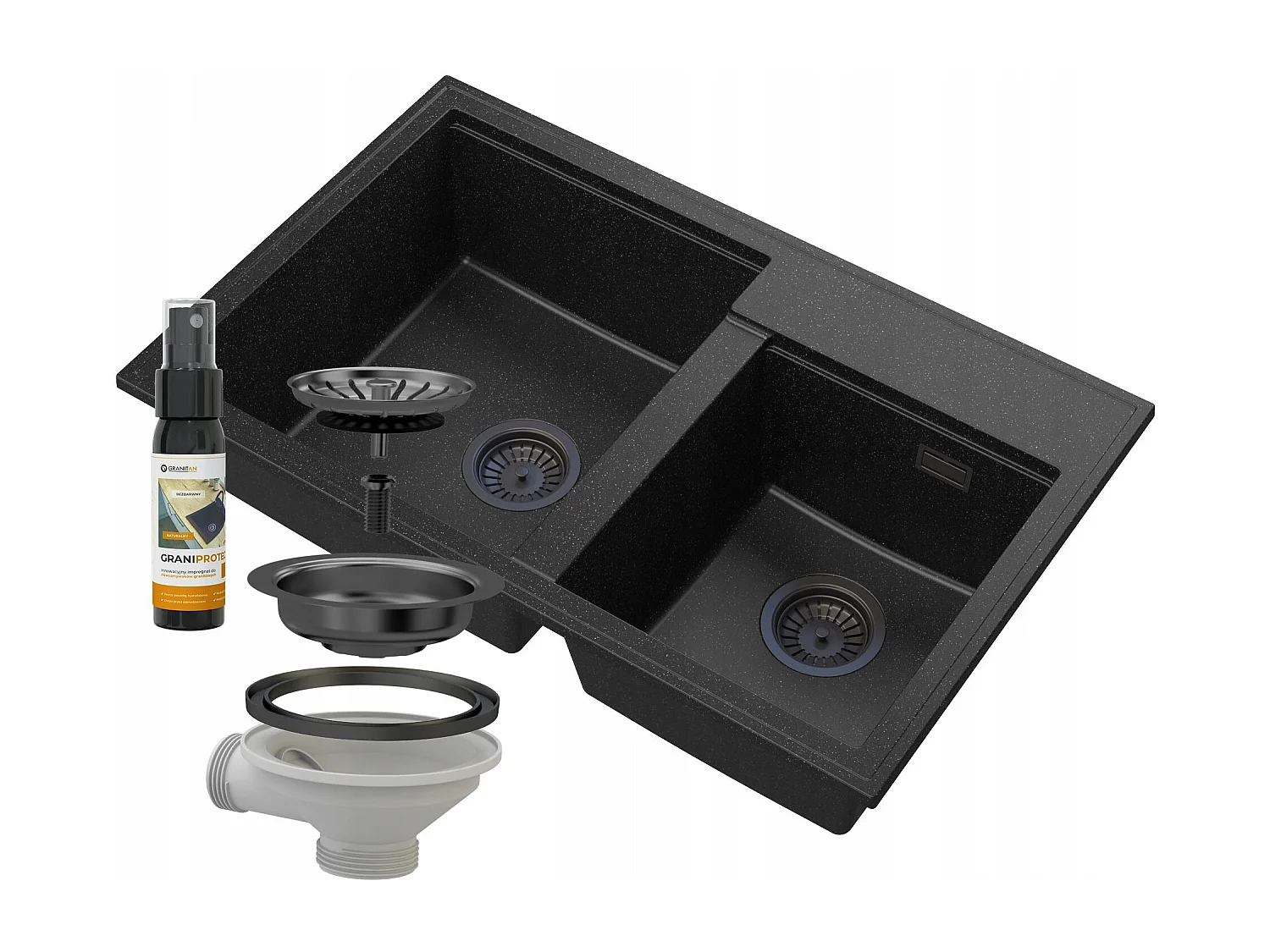 ÉVIER EN GRANIT HEKTOR 2 COMPARTIMENTS SIPHON NOIR GRANIT