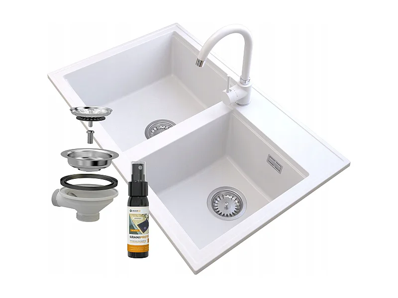 ÉVIER EN GRANIT SIPHON BLANC ROBINET CHROMÉ HEKTOR