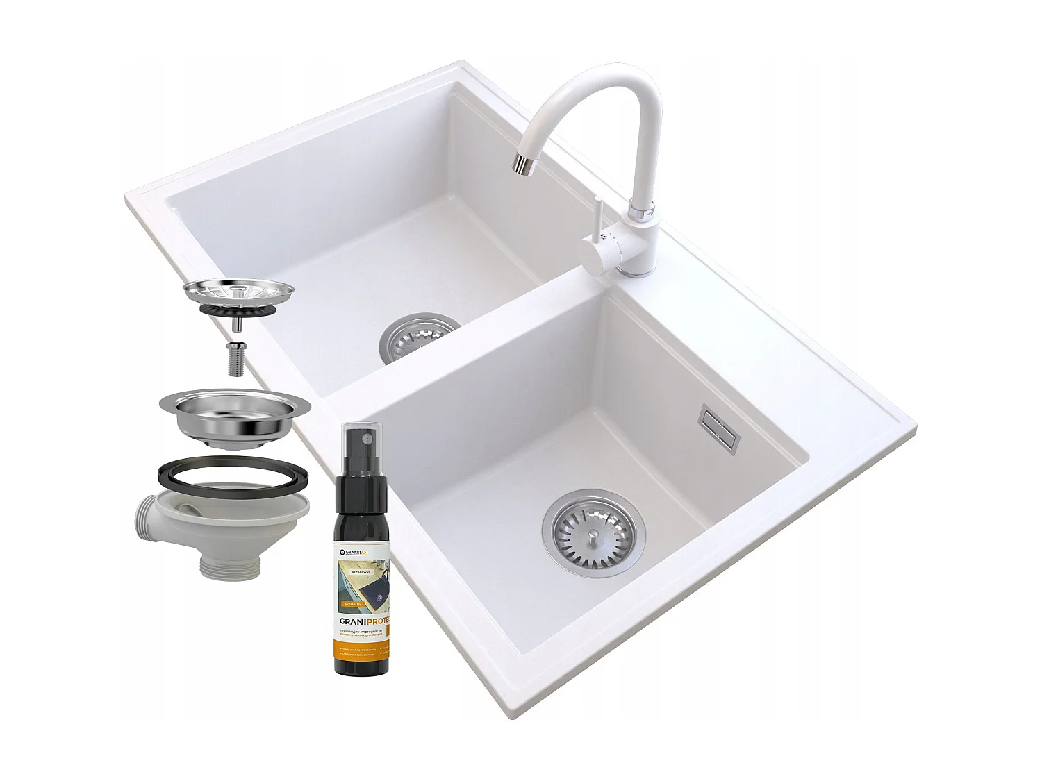 ÉVIER EN GRANIT SIPHON BLANC ROBINET CHROMÉ HEKTOR