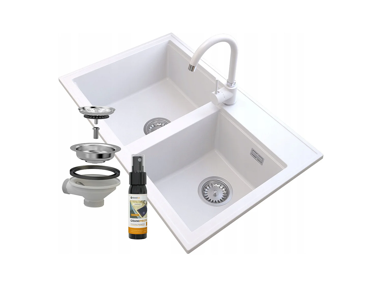 ÉVIER EN GRANIT SIPHON BLANC ROBINET CHROMÉ HEKTOR