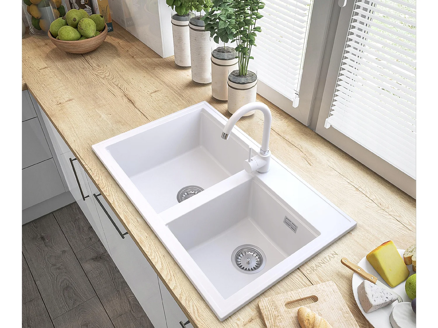 ÉVIER EN GRANIT SIPHON BLANC ROBINET CHROMÉ HEKTOR