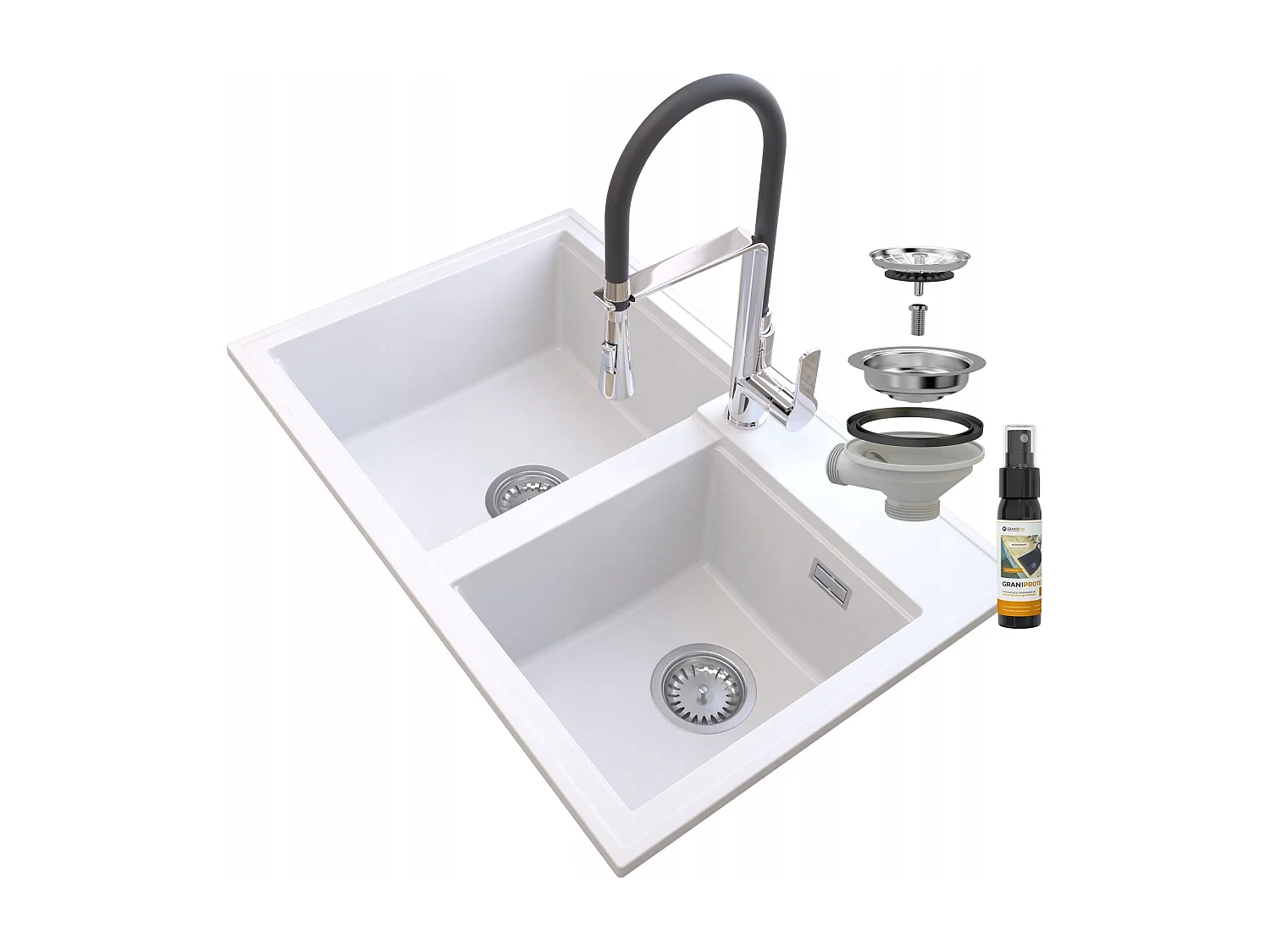 ÉVIER GRANIT BLANC HECTOR SIPHON BAT VEGAS CHROME