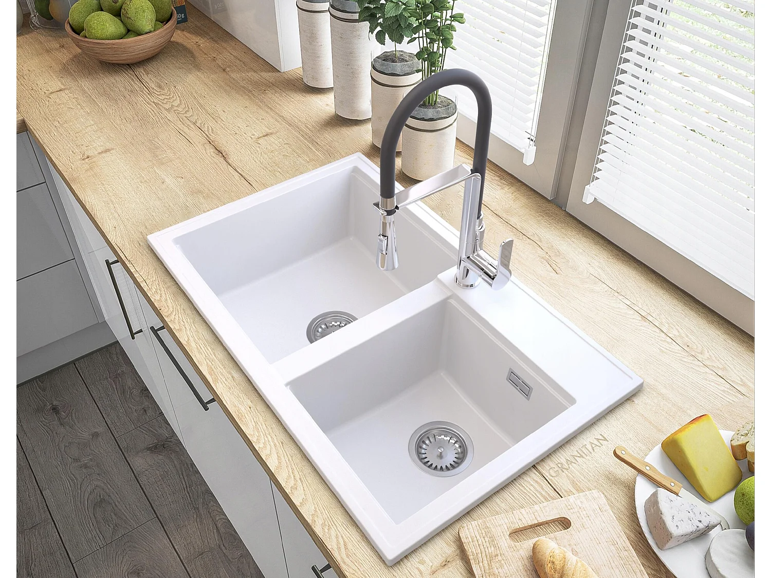 ÉVIER GRANIT BLANC HECTOR SIPHON BAT VEGAS CHROME