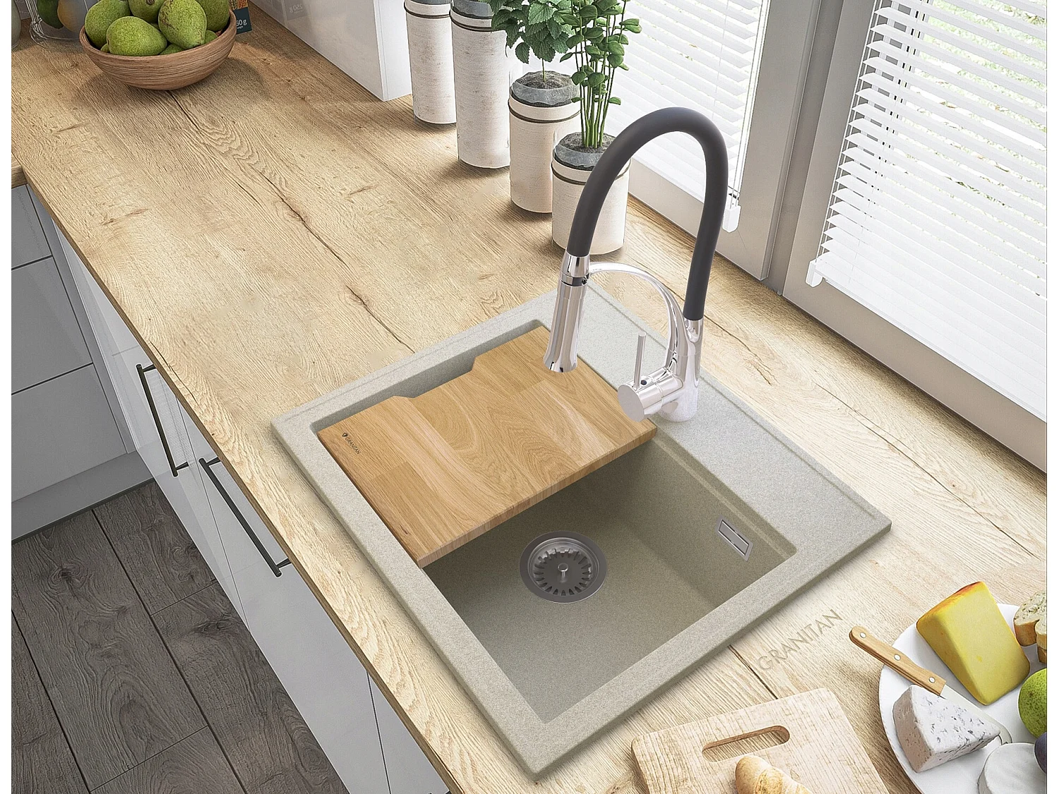 ÉVIER EN GRANIT FOXAL BEIGE + ROBINETTERIE NEXO CHROME