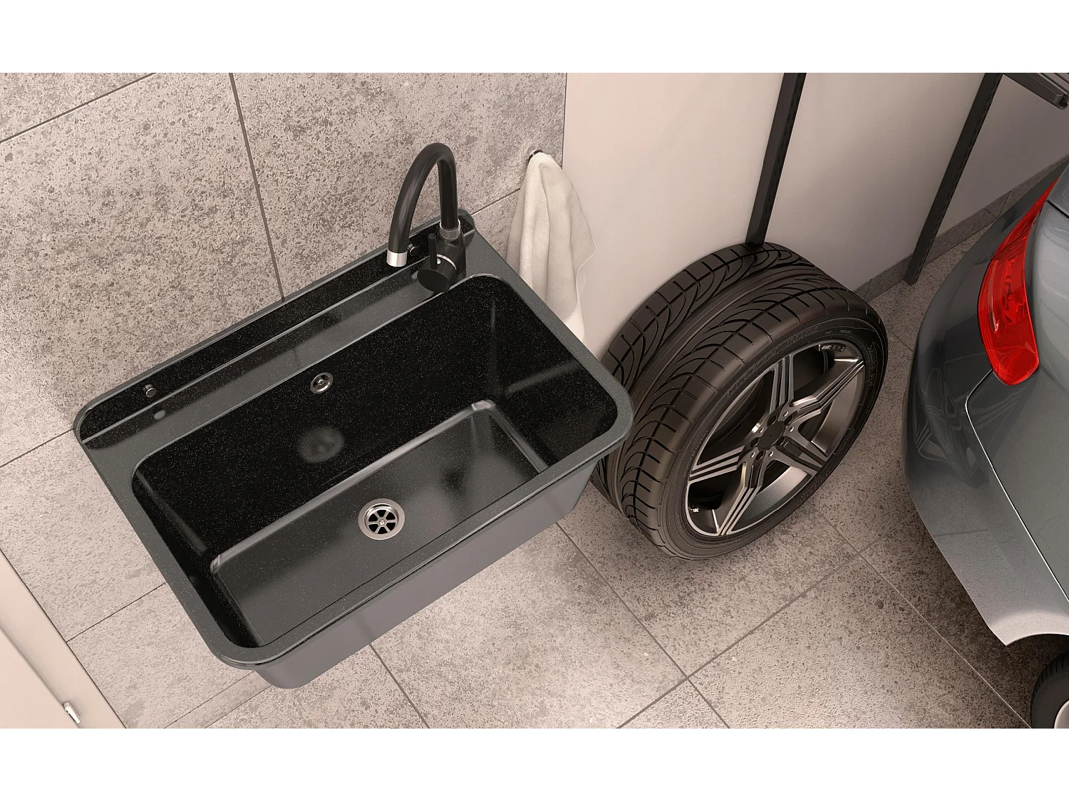 ÉVIER UTILITAIRE ROBINET NOIR GARAGE BUANDERIE