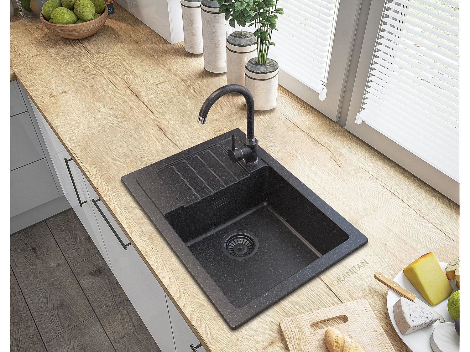 ÉVIER EN GRANIT ARGOS + SIPHON SQUARE BLACK