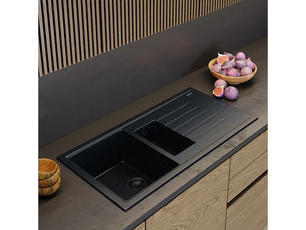 ÉVIER EN GRANIT NOIR MÉTALLISÉ SIPHON SOLARIS