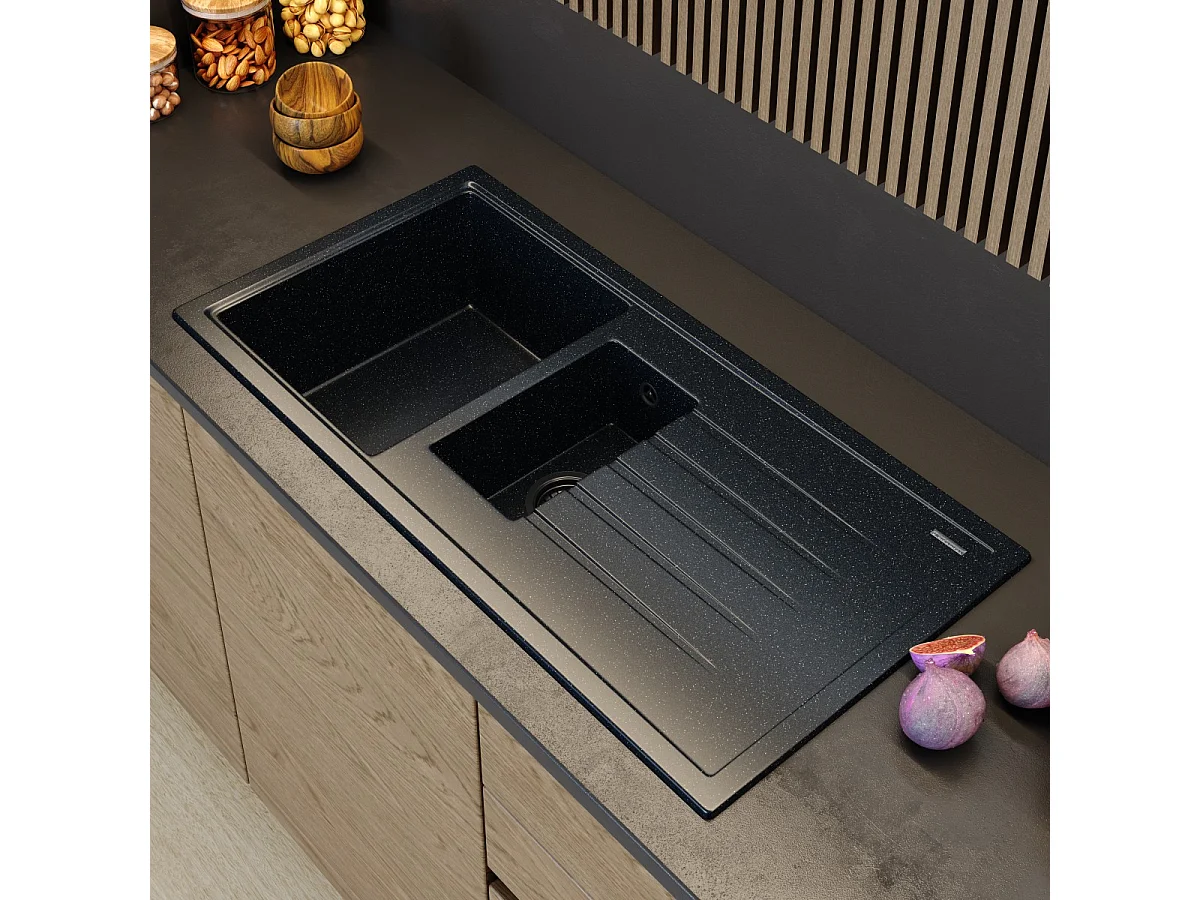 ÉVIER EN GRANIT NOIR MÉTALLISÉ SIPHON SOLARIS