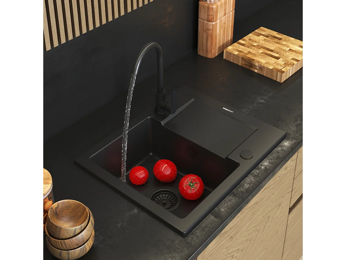 ÉVIER GRANIT AVEC ÉGOUTTOIR NOIR MITIGEUR CUISINE SIPHON FABRO