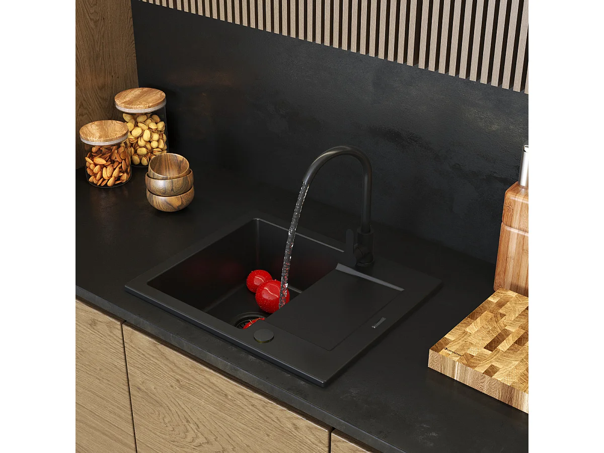 ÉVIER GRANIT AVEC ÉGOUTTOIR NOIR MITIGEUR CUISINE SIPHON FABRO