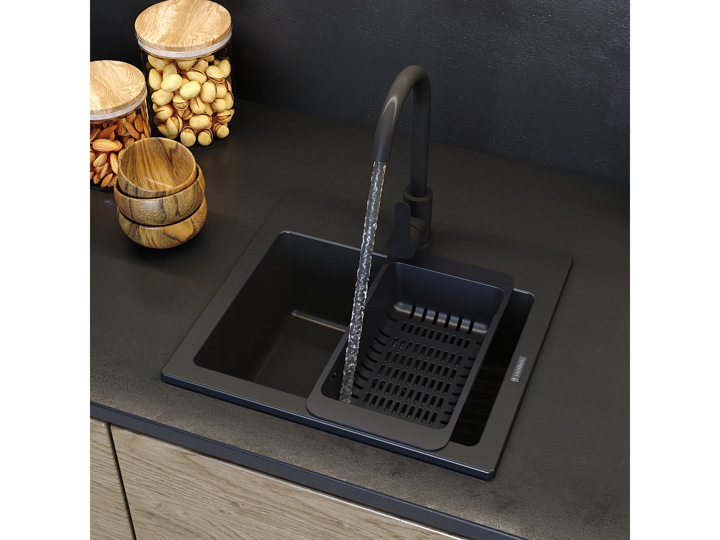 Ensemble devier en granit robinet de cuisine noir panier siphon granitan teor 84802646