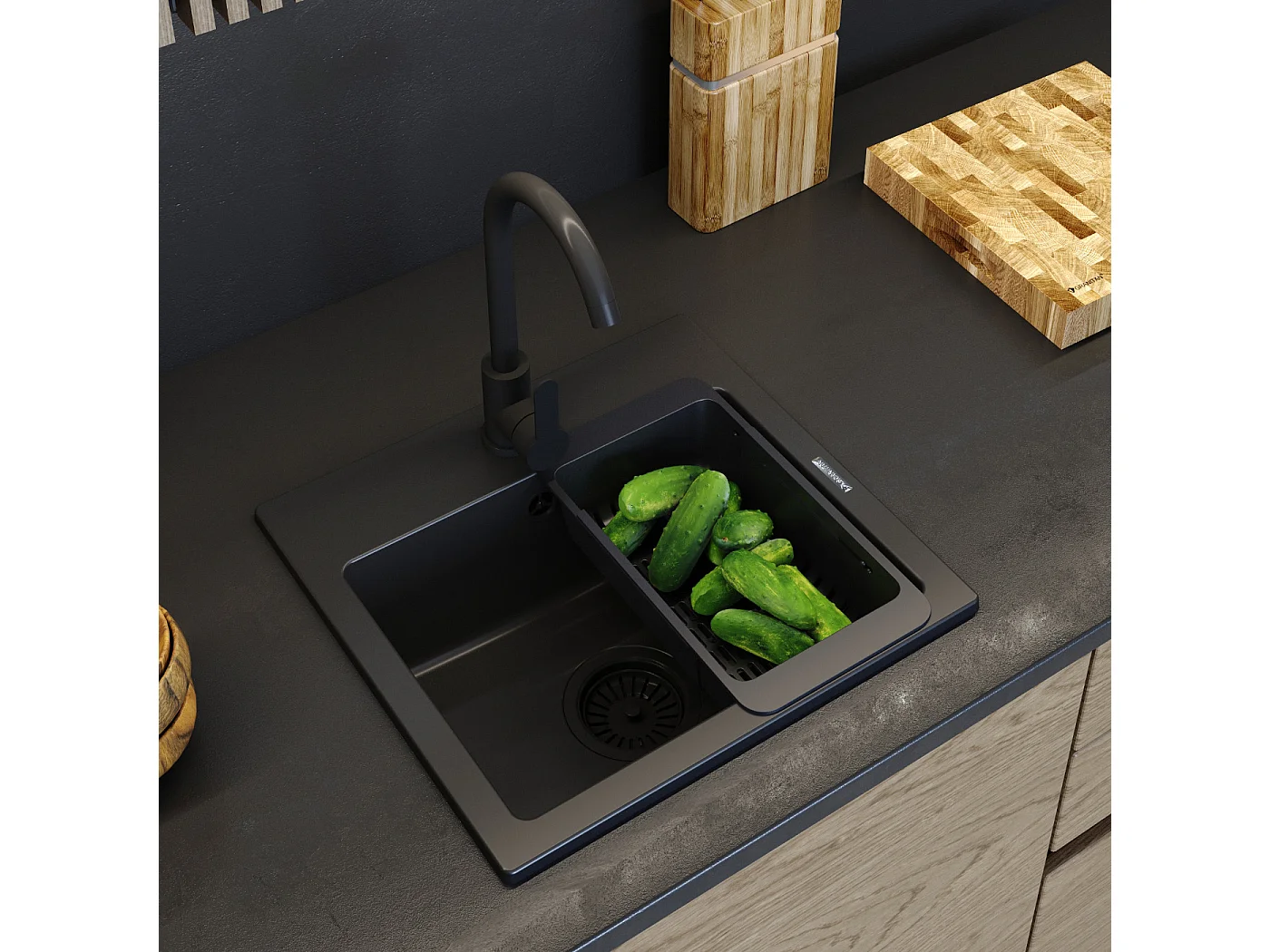 Ensemble devier en granit robinet de cuisine noir panier siphon granitan teor 84802646