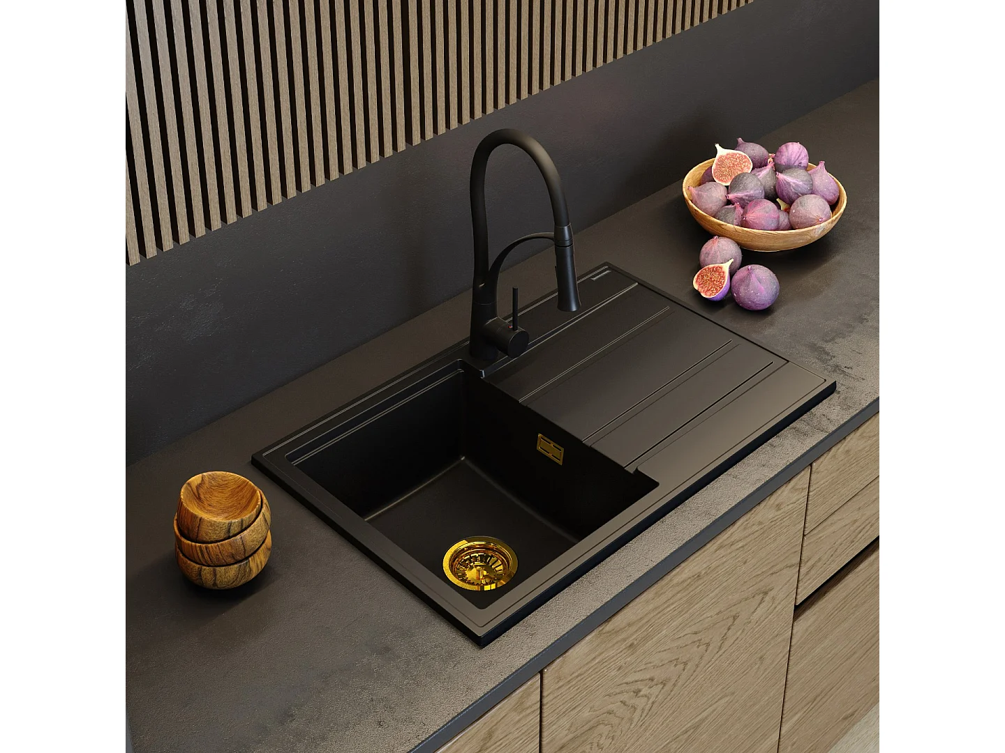 GRANIT ÉVIER NOIR ROBINET OU ACCESSOIRES TIMOR SET