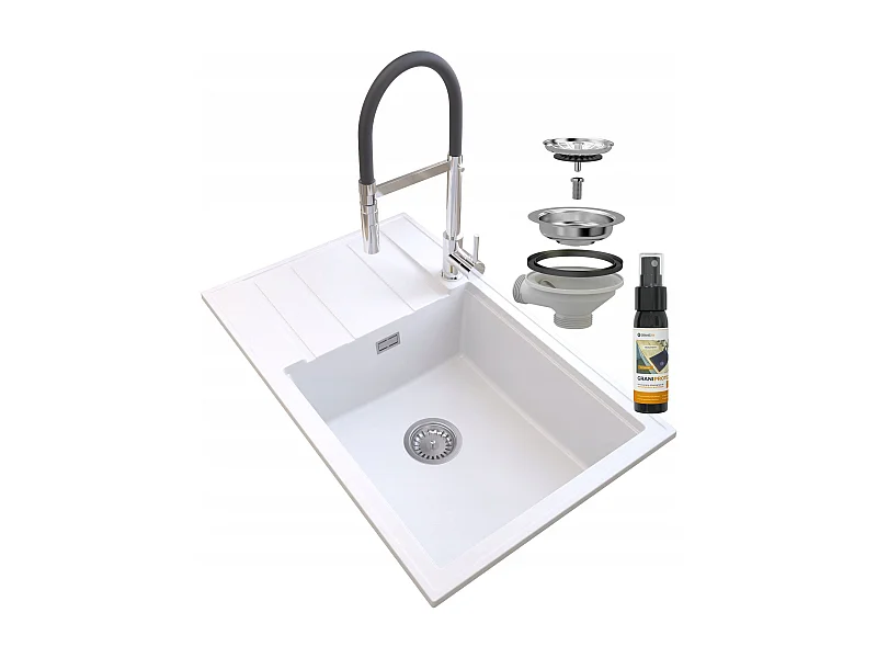 ÉVIER EN GRANIT BLANC ROBINET SIPHON LOUIS CHROMÉ