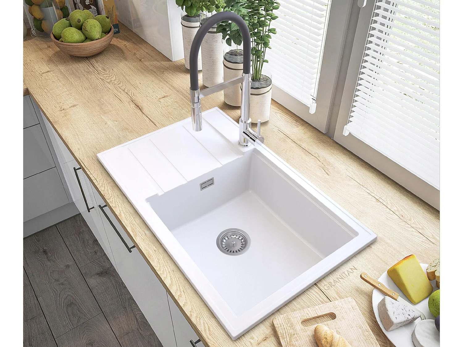 ÉVIER EN GRANIT BLANC ROBINET SIPHON LOUIS CHROMÉ