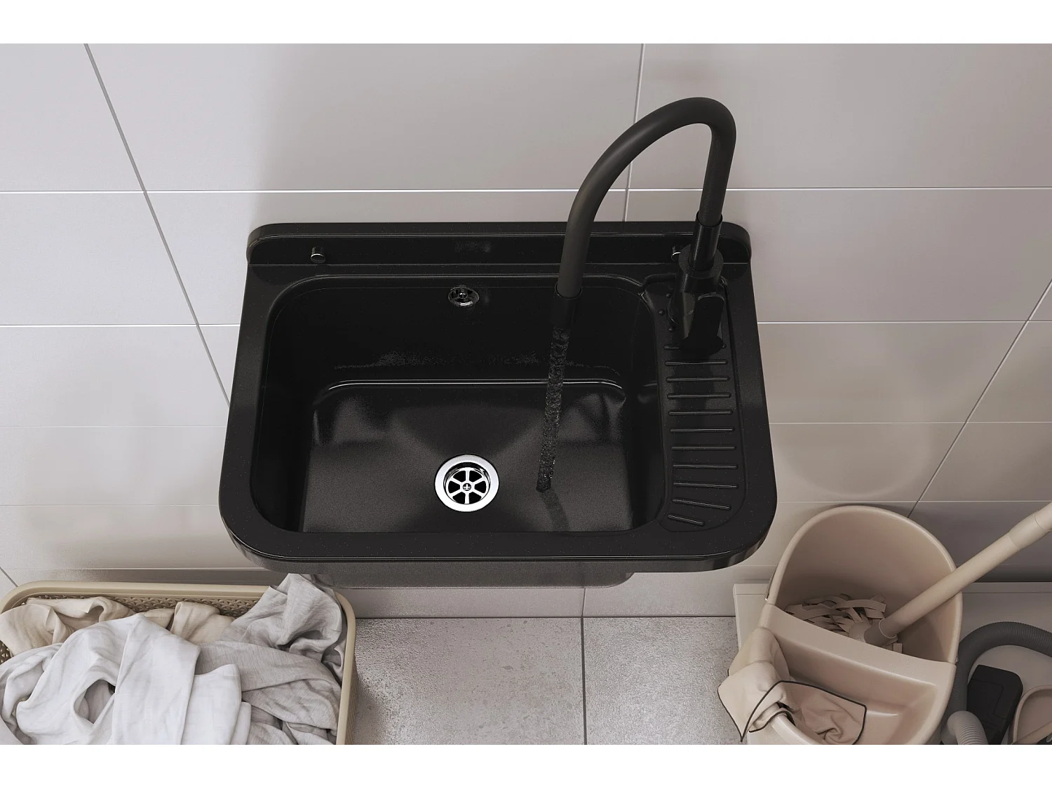 SINKWASHER évier noir compartiment technique POLO BATTERY SIPHONE