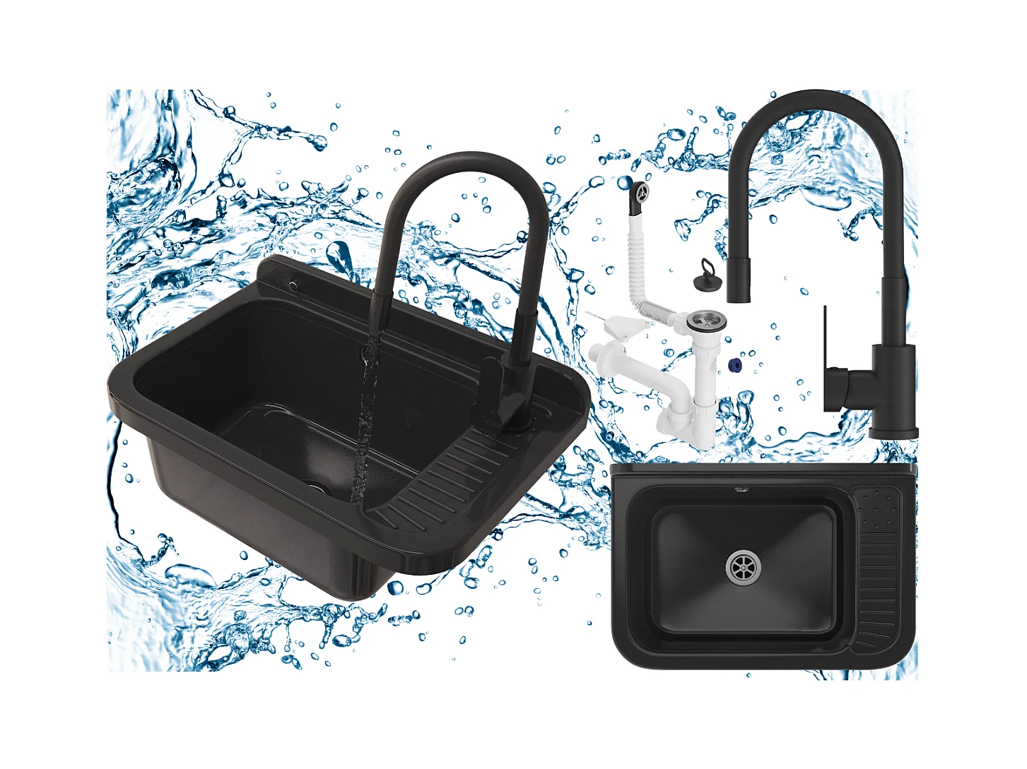 SINKWASHER évier noir compartiment technique POLO BATTERY SIPHONE