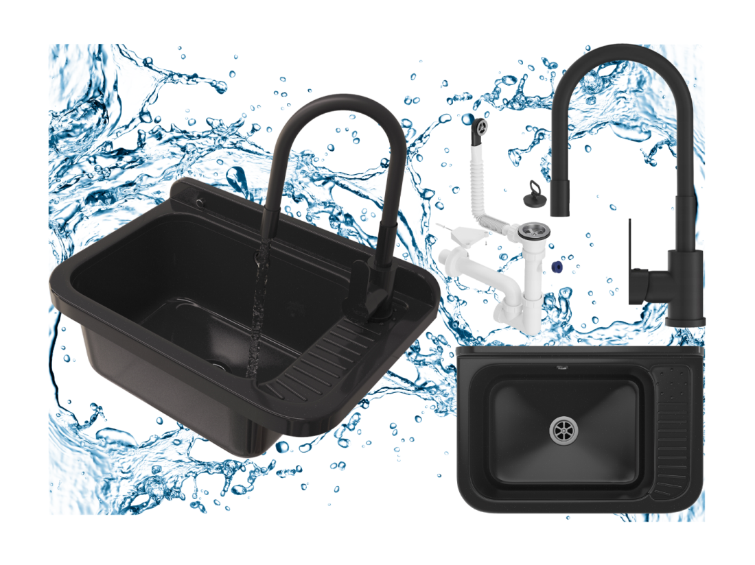 vente unique SINKWASHER évier noir compartiment technique POLO BATTERY SIPHONE