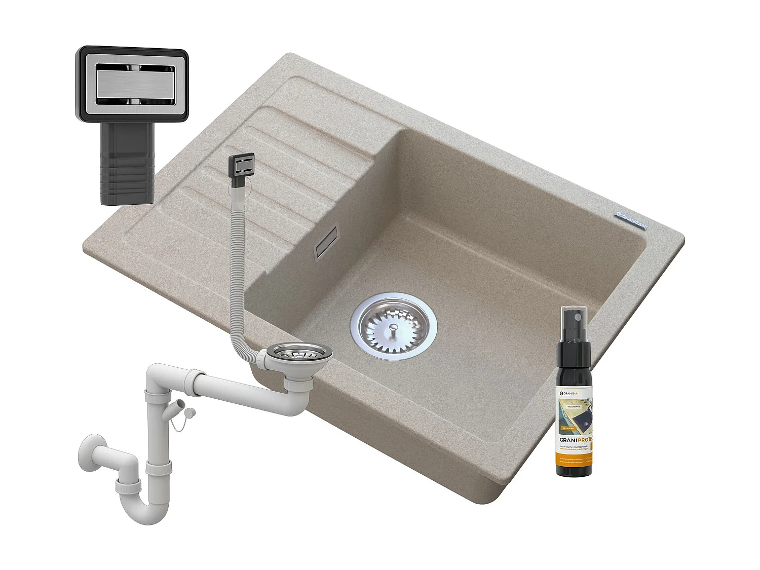 ÉVIER ARGOS GRANIT BEIGE + SIPHON CARRÉ CHROMÉ