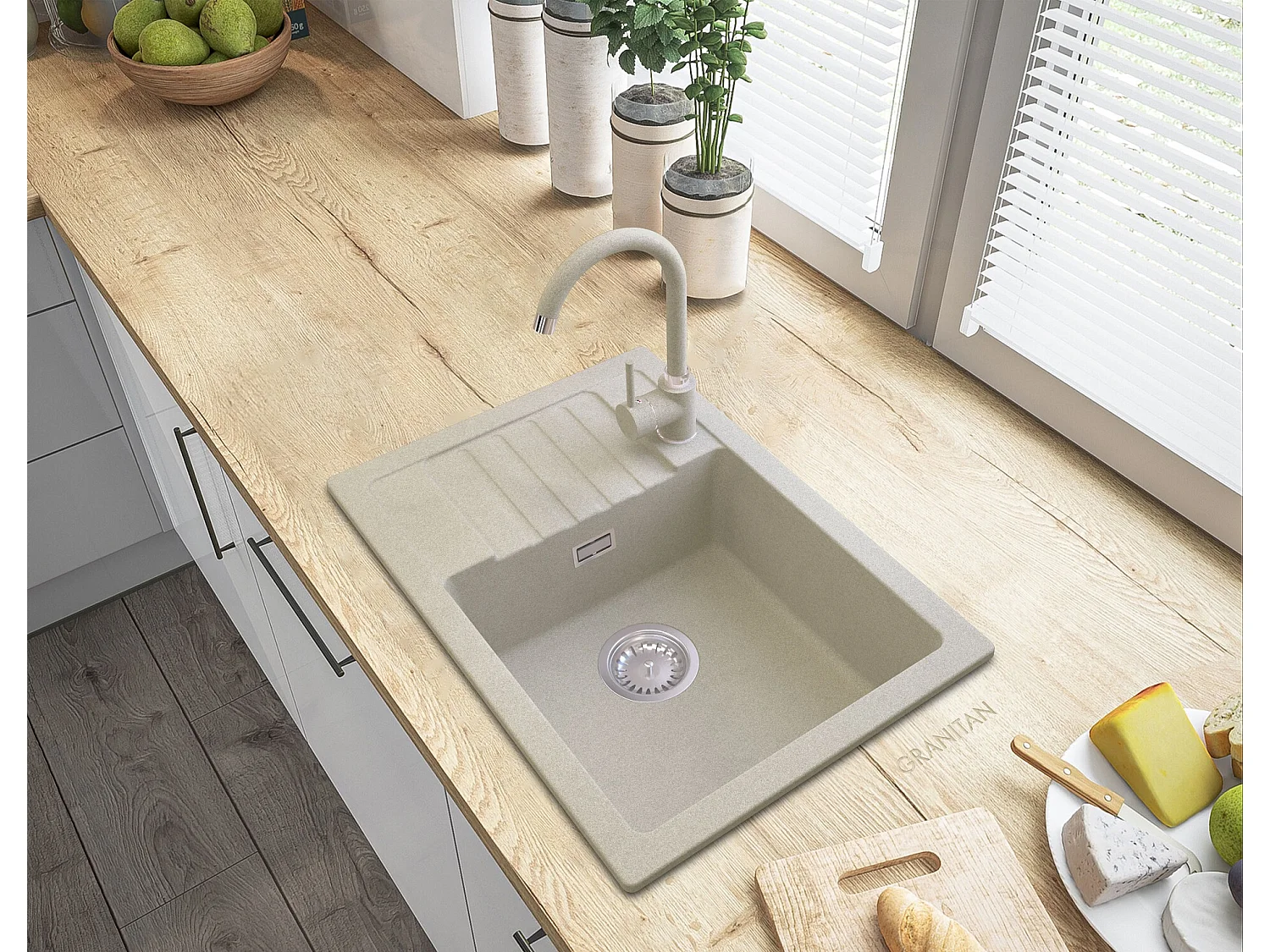 ÉVIER ARGOS GRANIT BEIGE + SIPHON CARRÉ CHROMÉ