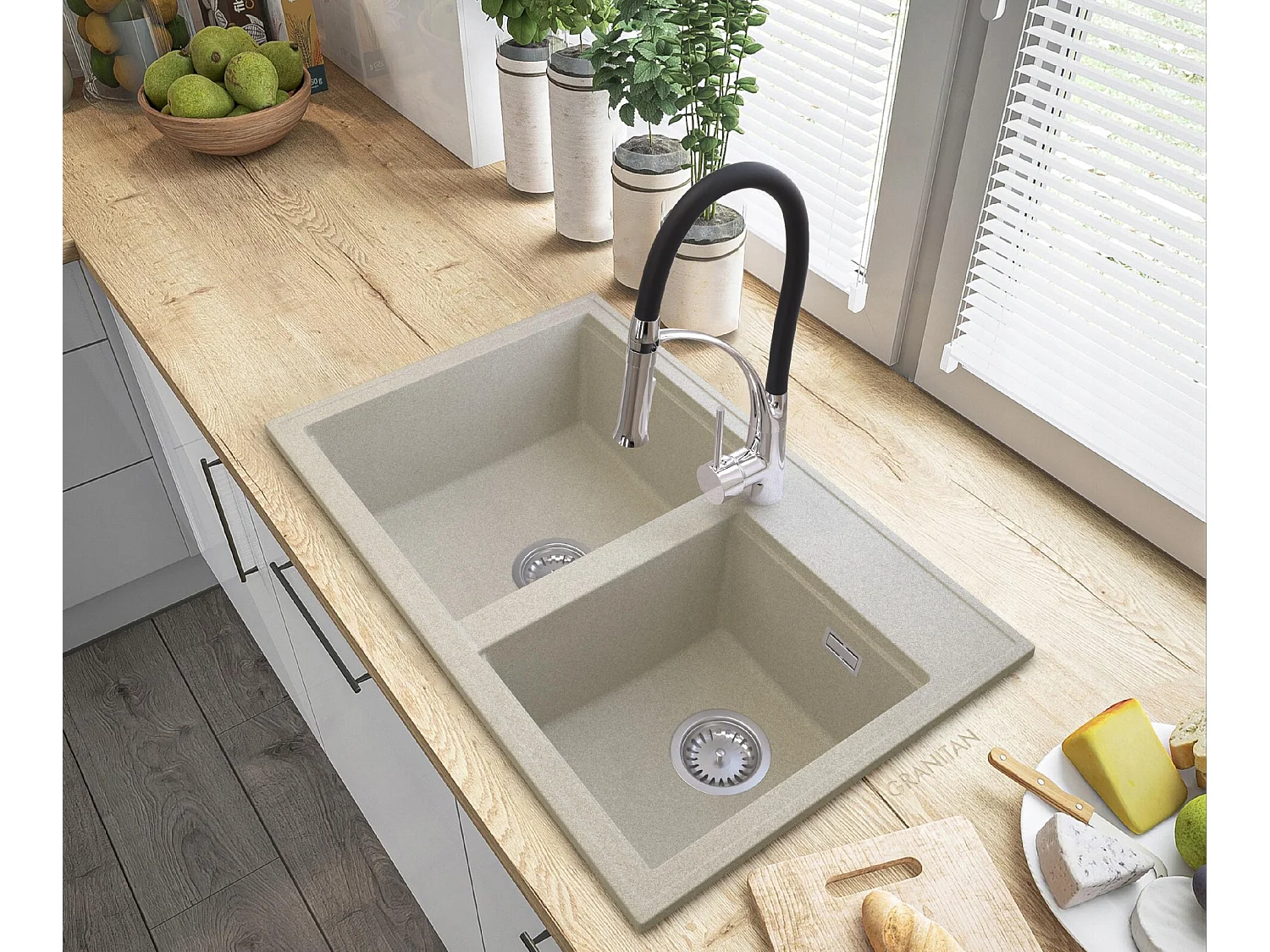 ÉVIER EN GRANIT BEIGE HECTOR SIPHON ROBINET CHROME