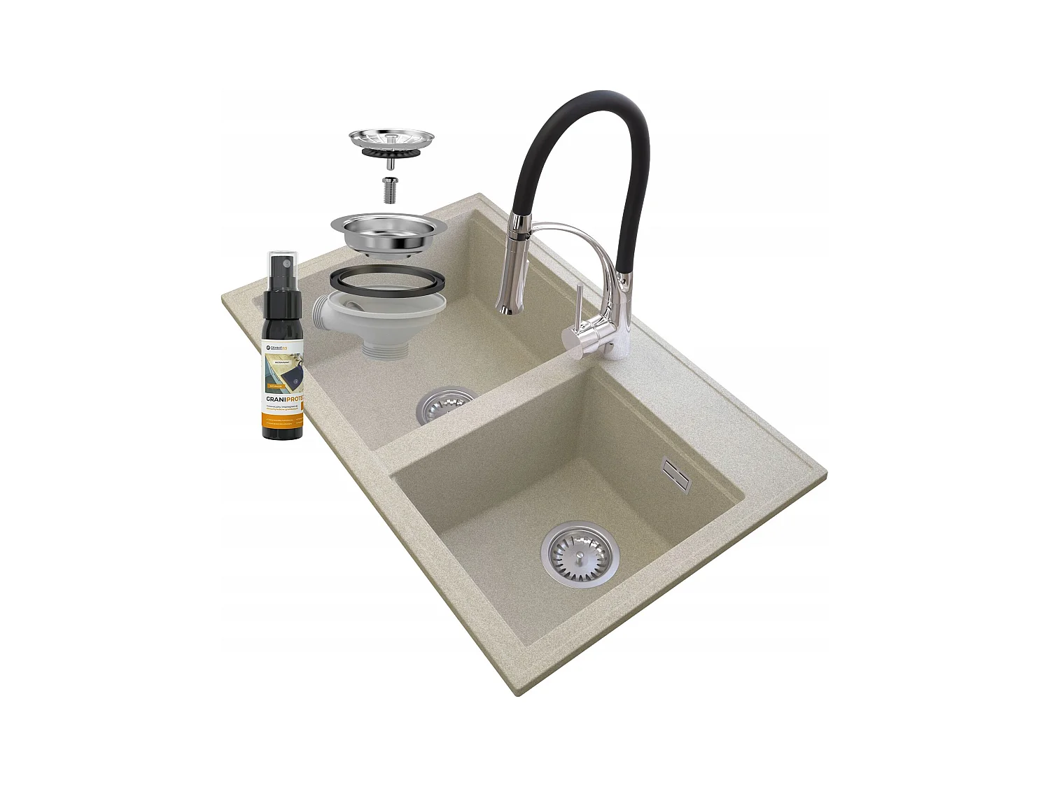 ÉVIER EN GRANIT BEIGE HECTOR SIPHON ROBINET CHROME