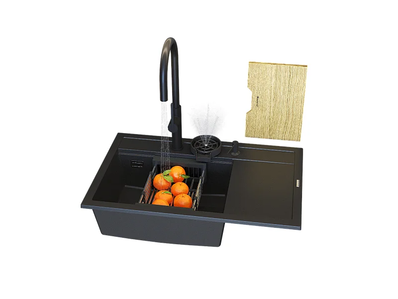 GRANIT ÉVIER NOIR ROBINET DISTRIBUTEUR LAVEUSE GOUTTE À GOUTTE PLANCHE RENDO SET