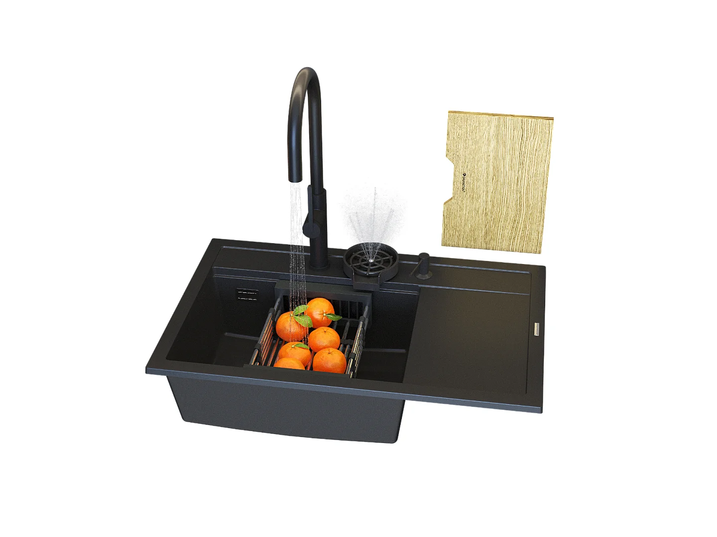 GRANIT ÉVIER NOIR ROBINET DISTRIBUTEUR LAVEUSE GOUTTE À GOUTTE PLANCHE RENDO SET