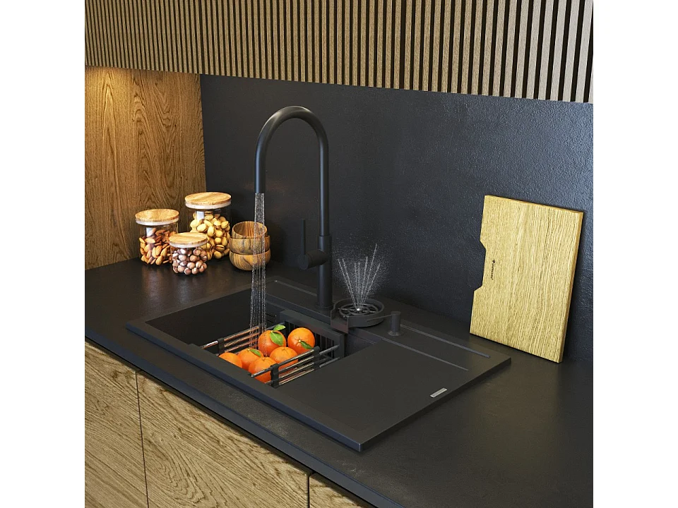 GRANIT ÉVIER NOIR ROBINET DISTRIBUTEUR LAVEUSE GOUTTE À GOUTTE PLANCHE RENDO SET